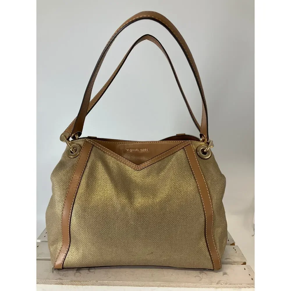 MICHAEL KORS, GOLD CANVAS, BROWN LEATHER TIM SHOULDER BAG
